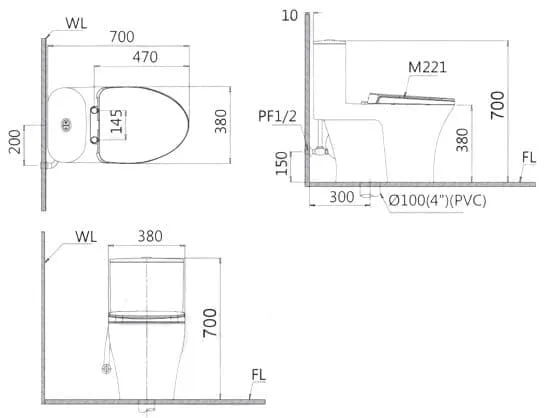 Bản vẽ kỹ thuật bồn cầu 1 khối nắp điện tử Caesar C1395F+TAF710H
