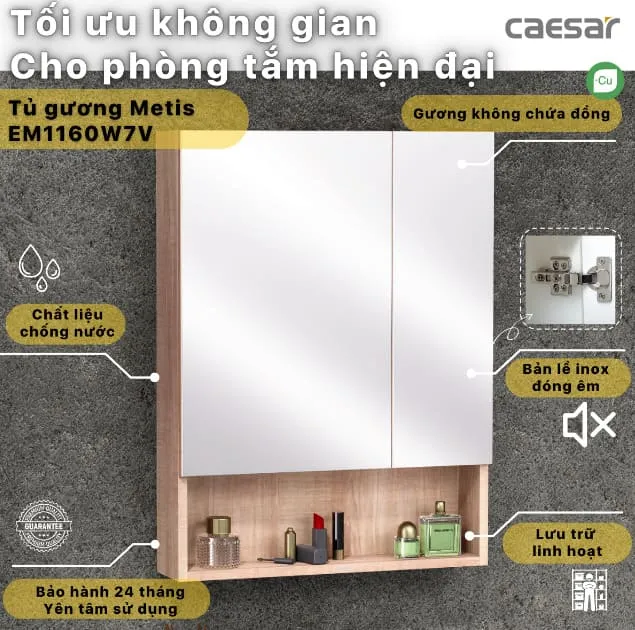 Tủ gương treo phòng tắm màu vân gỗ CAESAR EM1160W7V