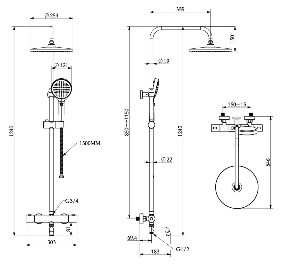 Bản vẽ kỹ thuật sen tắm cây nhiệt độ Caesar S1038S 