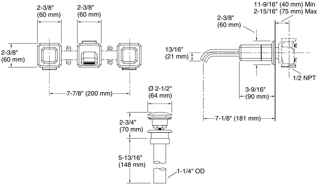 Bản vẽ vòi lavabo nóng lạnh gắn tường Kallista P33168