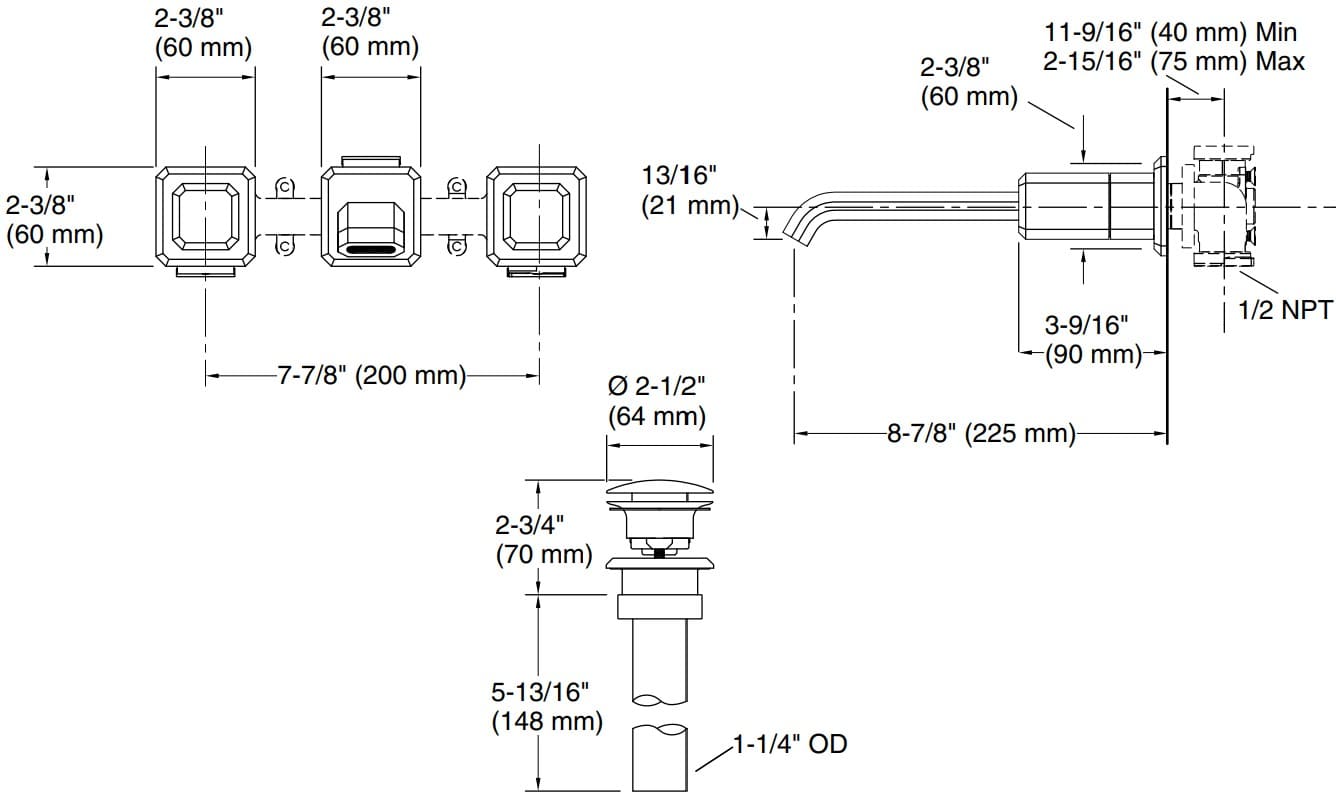 Bản vẽ vòi lavabo nóng lạnh gắn tường Kallista P33169