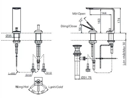 Bản vẽ kỹ thuật vòi gật gù nóng lạnh TOTO TLP02304B#PN