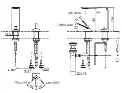 Bản vẽ kỹ thuật vòi gật gù nóng lạnh TOTO TLP02304B#MBL
