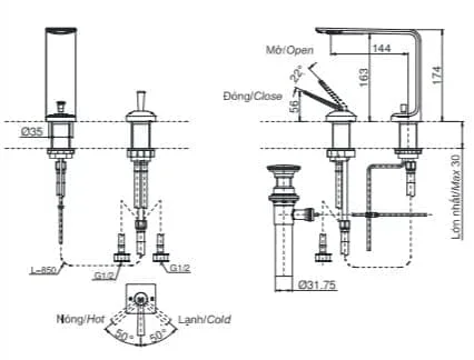 Bản vẽ kỹ thuật vòi gật gù nóng lạnh TOTO TLP02304B#MBL