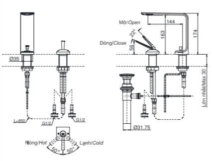 Bản vẽ kỹ thuật vòi gật gù nóng ạnh TOTO TLP02304B#BN