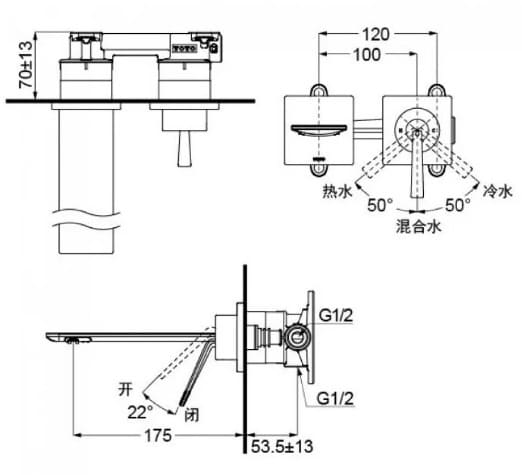 Bản vẽ kỹ thuật Vòi chậu Nóng Lạnh Gắn Tường TOTO TLP02309BA#MBL