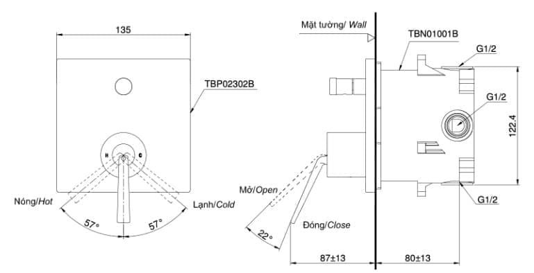 Bản vẽ kỹ thuật van điều chỉnh nóng lạnh TOTO TBP02302BA#BN