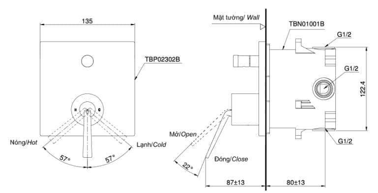 Bản vẽ kỹ thuật Van Điều Chỉnh Nóng Lạnh TOTO TBP02302BA#PFG