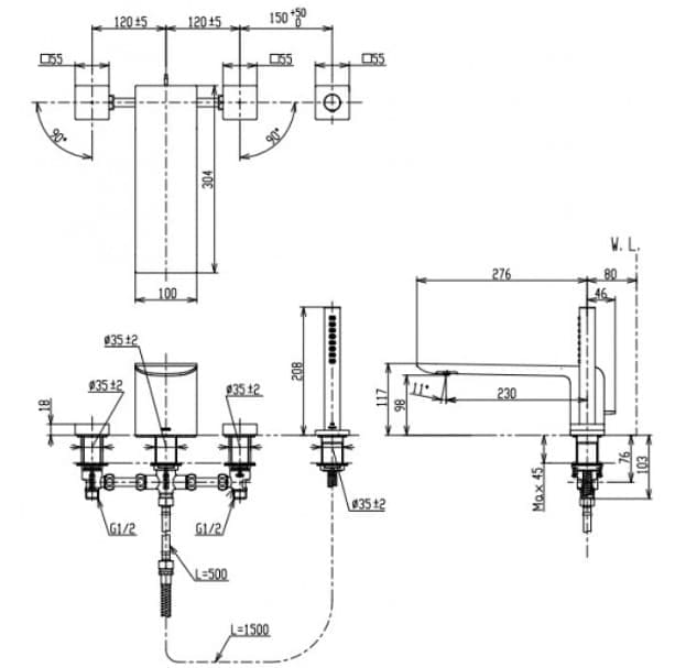 Bản vẽ kỹ thuật vòi xả bồn tắm gắn bồn TOTO TBP02202AA#BN