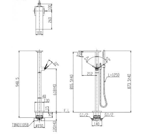 Bản vẽ kỹ thuật vòi xả bồn tắm đặt sàn TOTO TBP02303AA#BFG