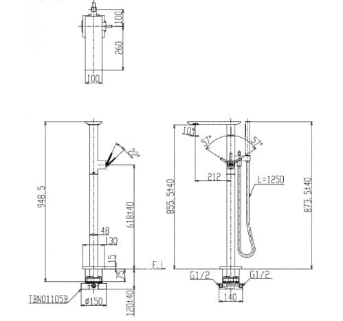 Bản vẽ kỹ thuật vòi xả bồn tắm đặt sàn TOTO TBP02303AA#PFG