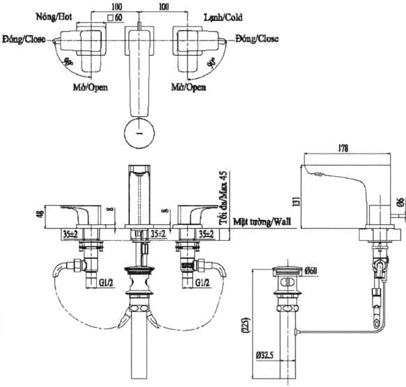 Bản vẽ kỹ thuật vòi lavabo tay vặn nóng lạnh TOTO TLG07201BA#MBL