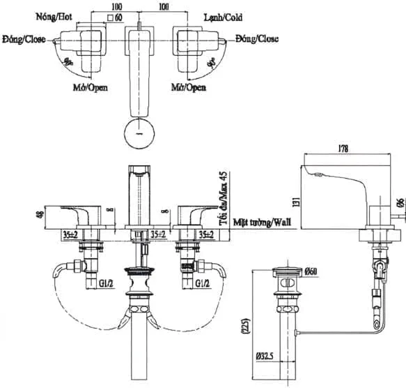 Bản vẽ kỹ thuật vòi lavabo tay vặn nóng lạnh TOTO TLG07201BA#MBL