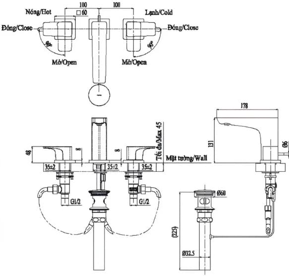 Bản vẽ kỹ thuật vòi lavabo tay vặn nóng lạnh TOTO TLG07201BA#PN
