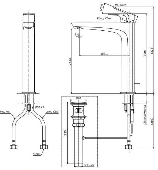 Bản vẽ kỹ thuật vòi chậu rửa mặt TOTO TLG07305B#BN
