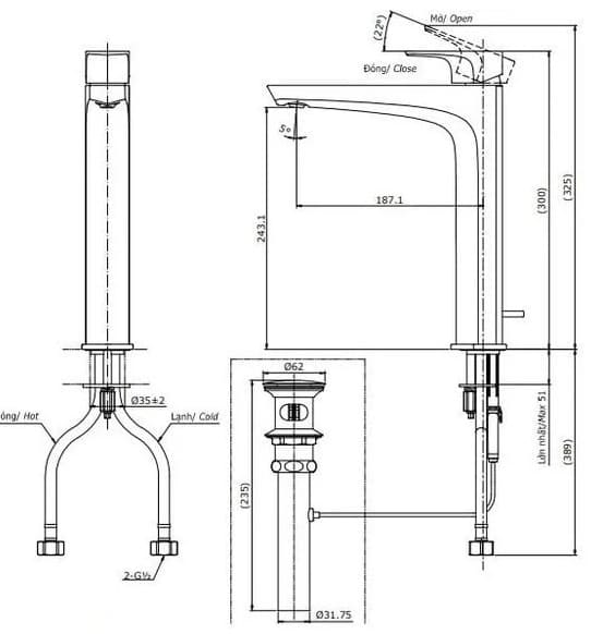 Bản vẽ kỹ thuật vòi chậu rửa mặt TOTO TLG07305B#PN