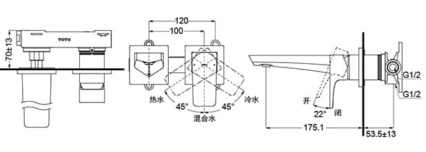 Bản vẽ kỹ thuật vòi chậu nóng lạnh gắn tường TOTO TLG07307BB#MBL