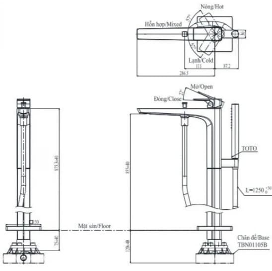 Bản vẽ kỹ thuật vòi xả bồn tắm đặt sàn TOTO TBG07306AA#MBL