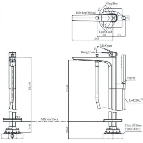 Bản vẽ kỹ thuật vòi xả bồn tắm đặt sàn TOTO TBG07306AA#MBL