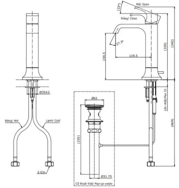 Bản vẽ kỹ thuật vòi chậu rửa mặt TOTO TLG08303B#MBL