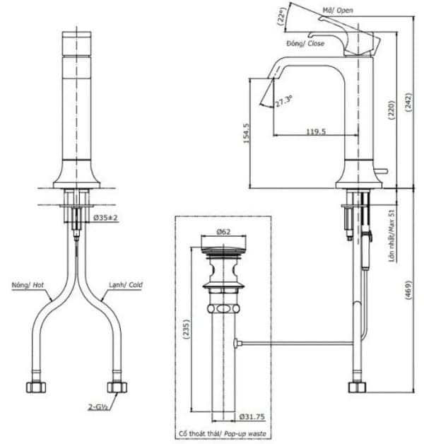 Bản vẽ kỹ thuật vòi chậu tửa mặt TOTO TLG08303B#PFG