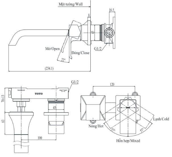 Bản vẽ kỹ thuật vòi chậu nóng lạnh gắn tường TOTO TLG08308BA#MBL