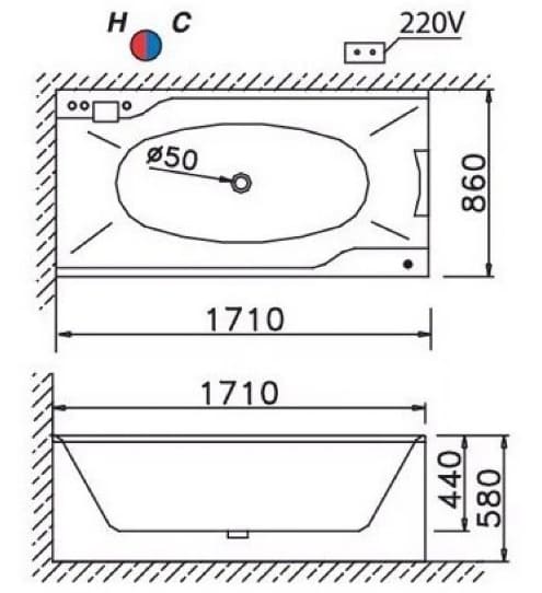 Bản vẽ kỹ thuật bồn tắm có chân yếm 1.7m yếm phải Caesar AT0870L