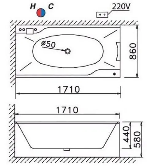 Bản vẽ kỹ thuật bồn tắm có chân yếm 1.7m yếm phải Caesar AT0870L