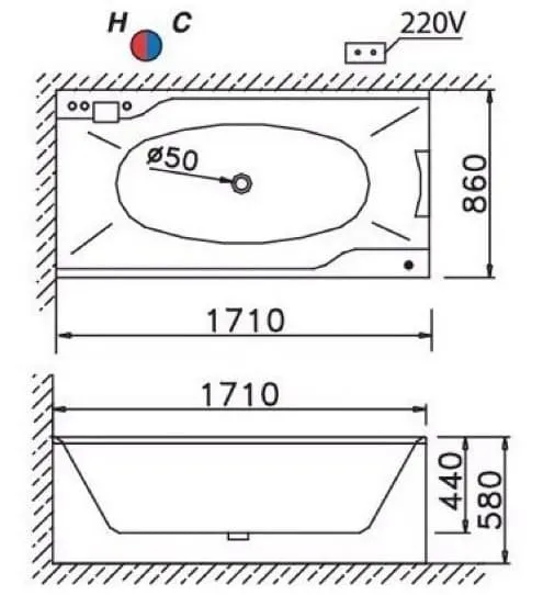 Bản vẽ kỹ thuật bồn tắm có chân yếm 1.7m yếm trái Caesar AT0870R 