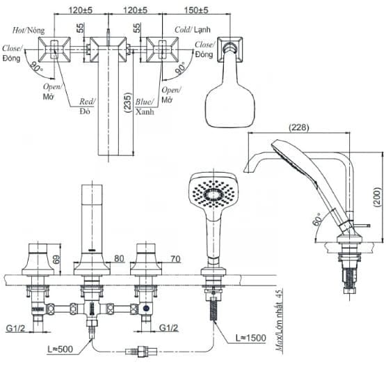 Vòi xả bồn tắm 4 lỗ TOTO TBG08202A#BFG