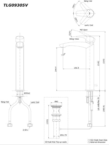 Bản vẽ kỹ thuật vòi chậu nóng lạnh TOTO TLG09305B#MBL