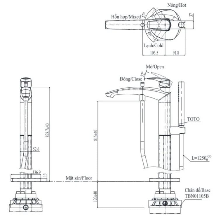 Bản vẽ kỹ thuật vòi xả bồn tắm đặt sàn TOTO TBG09306AA#MBL