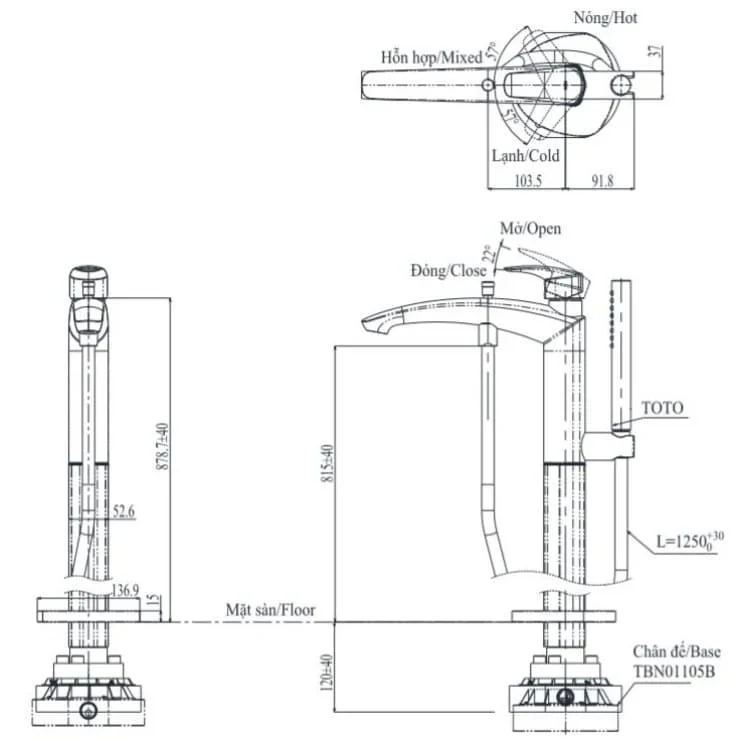 Bản vẽ kỹ thuật vòi xả bồn tắm đặt sàn TOTO TBG09306AA#MBL