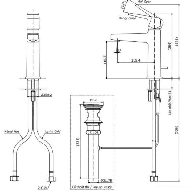 Bản vẽ kỹ thuật vòi chậu rửa mặt TOTO TLG10301B#BN
