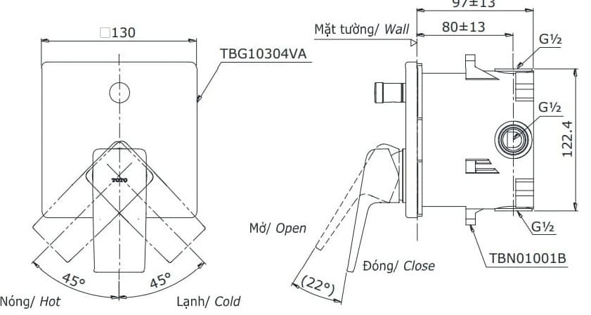 Bản vẽ kỹ thuật van điều chỉnh nóng lạnh TOTO TBG10304BB#MBL