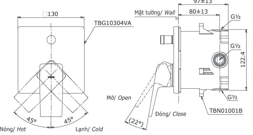 Bản vẽ kỹ thuật van điều chỉnh nóng lạnh TOTO TBG10304BB#MBL