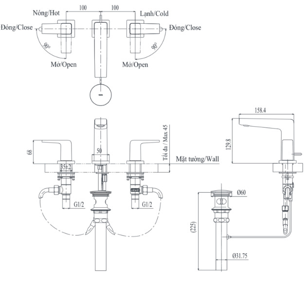 Vòi chậu Nóng Lạnh Gắn Chậu 3 Lỗ TOTO TLG10201BA#BN