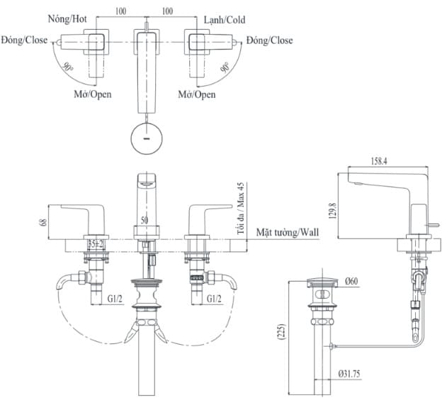 Bản vẽ kỹ thuật vòi chậu nóng lạnh gắn chậu 3 lỗ TOTO TLG10201BA#BFG