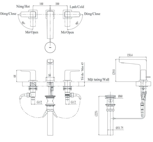 Bản vẽ kỹ thuật vòi chậu nóng lạnh gắn chậu 3 lỗ TOTO TLG10201BA#BFG