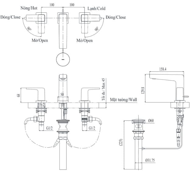 Bản vẽ kỹ thuật vòi chậu nóng lạnh gắn chậu 3 lỗ TOTO TLG10201BA#MBL