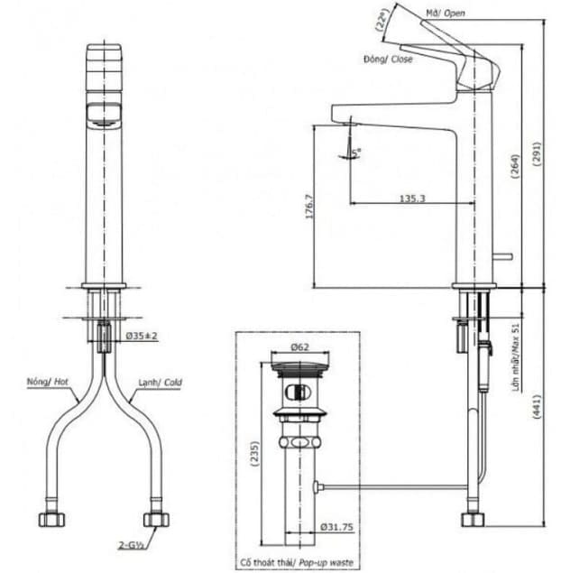 Bản vẽ kỹ thuật vòi chậu nóng lạnh TOTO TLG10303B#PFG