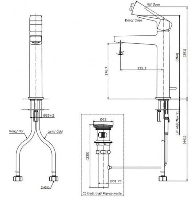 Bản vẽ kỹ thuật vòi chậu nóng lạnh TOTO TLG10303B#PFG