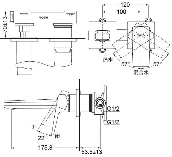 Bản vẽ kỹ thuật vòi lavabo nóng lạnh gắn tường 2 lỗ TOTO TLG10307BB#MBL