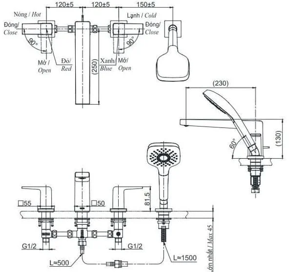 Bản vẽ kỹ thuật vòi xả bồn tắm 4 lỗ TOTO TBG10202A#BN