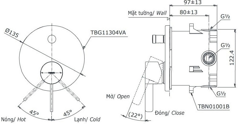 Bản vẽ kỹ thuật van điều chỉnh nóng lạnh TOTO TBG11304BB#MBL