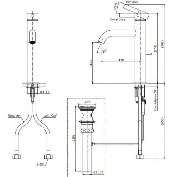 Bản vẽ kỹ thuật vòi chậu nóng lạnh TOTO TLG11303B#PFG