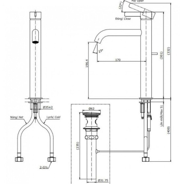 Bản vẽ kỹ thuật vòi chậu nóng lạnh TOTO TLG11305B#BN