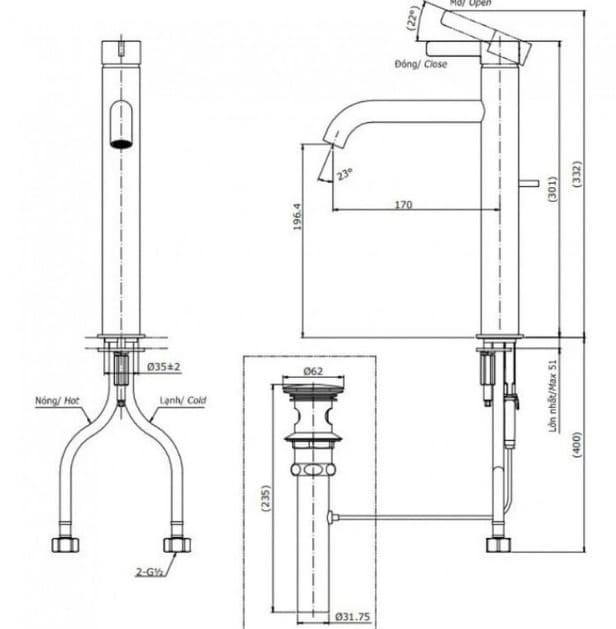 Bản vẽ kỹ thuật vòi chậu nóng lạnh TOTO TLG11305B#BFG