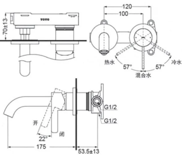 Bản vẽ kỹ thuật vòi chậu nóng lạnh gắn tường TOTO TLG11307BA#MBL