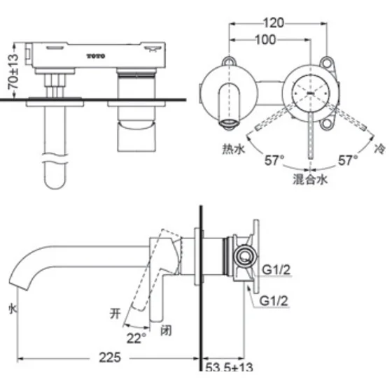 Bản vẽ kỹ thuật vòi lavabo nóng lạnh gắn tường TOTO TLG11308BA#MBL